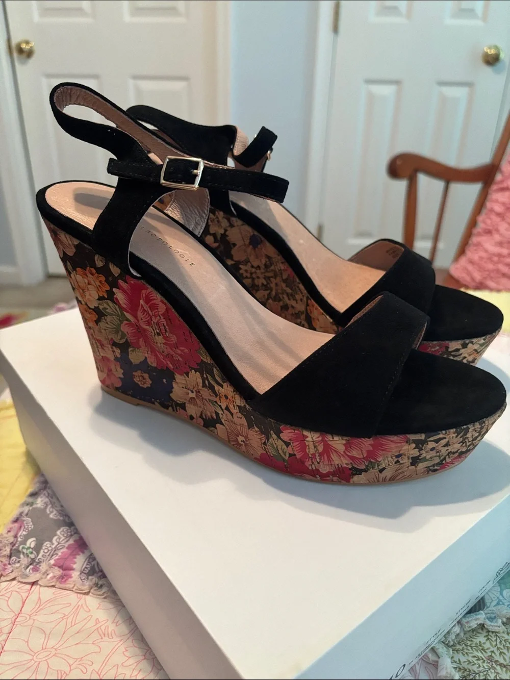 Anthropologie Black Suede Floral Cork-Style Platform Wedge Sandals